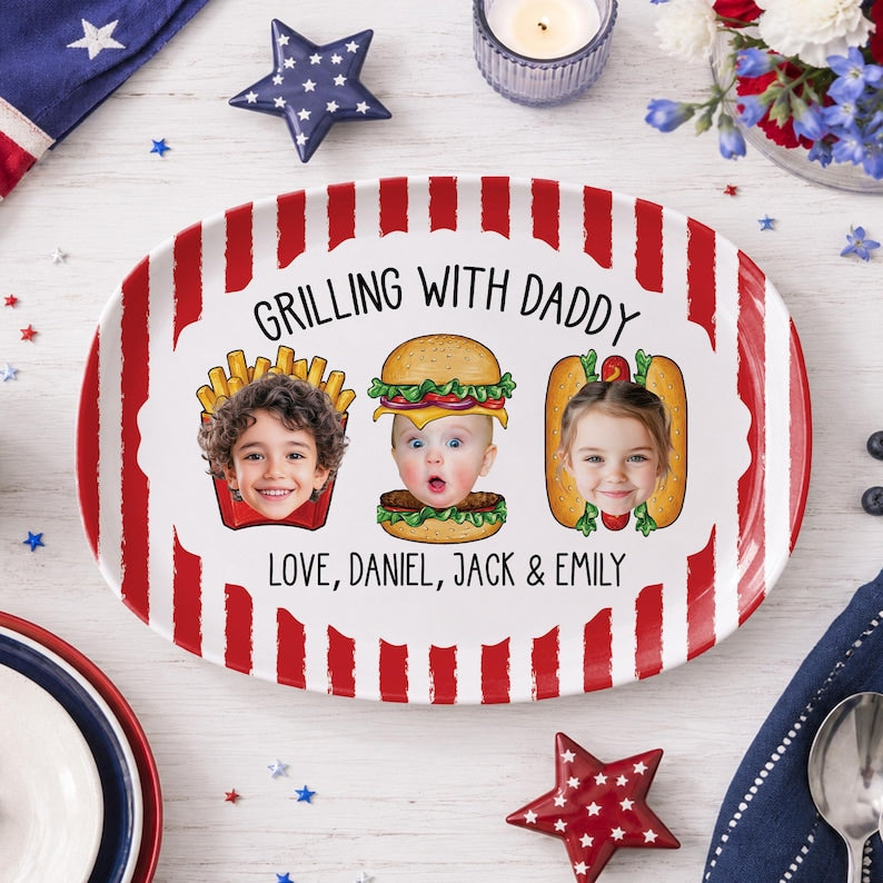 Custom Dad’s Grilling Platter with Kids Faces: Striped Grilling Plate