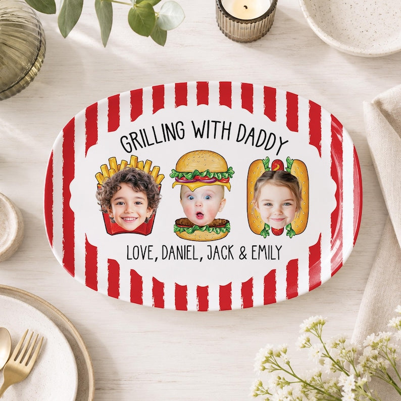 Custom Dad’s Grilling Platter with Kids Faces: Striped Grilling Plate