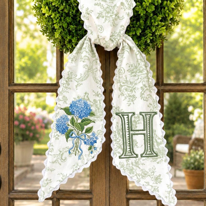 Personalized Green Toile Wreath Sash with Blue Hydrangea Embroidery, Spring Front Door Decor