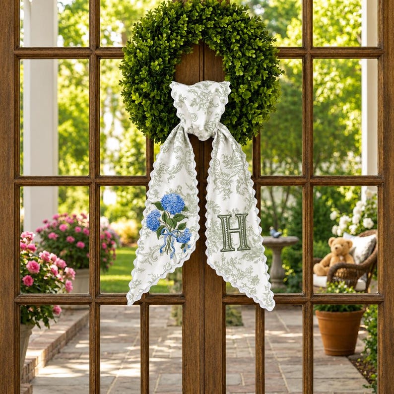 Personalized Green Toile Wreath Sash with Blue Hydrangea Embroidery, Spring Front Door Decor
