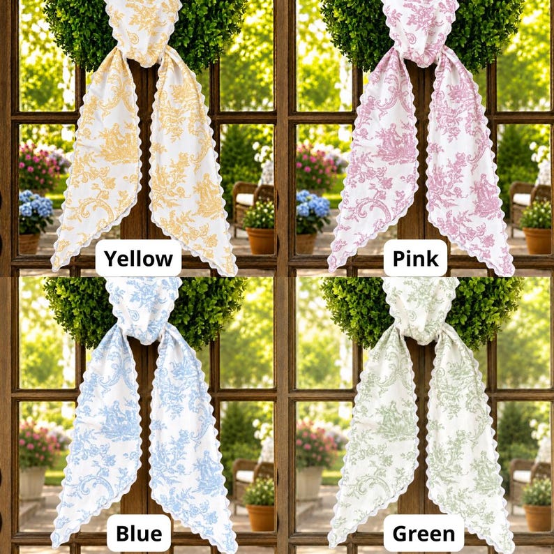Personalized Green Toile Wreath Sash with Blue Hydrangea Embroidery, Spring Front Door Decor