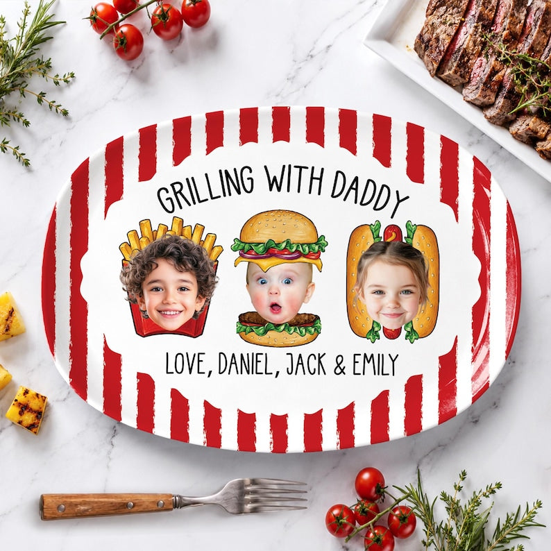 Custom Dad’s Grilling Platter with Kids Faces: Striped Grilling Plate