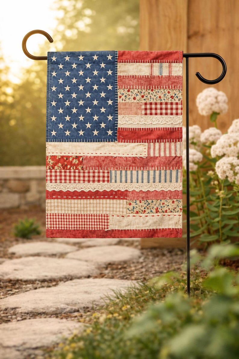 American Faux Patchwork Flag Garden Flag, 4th Of July Flag, Patriotic Floral Porch Decor