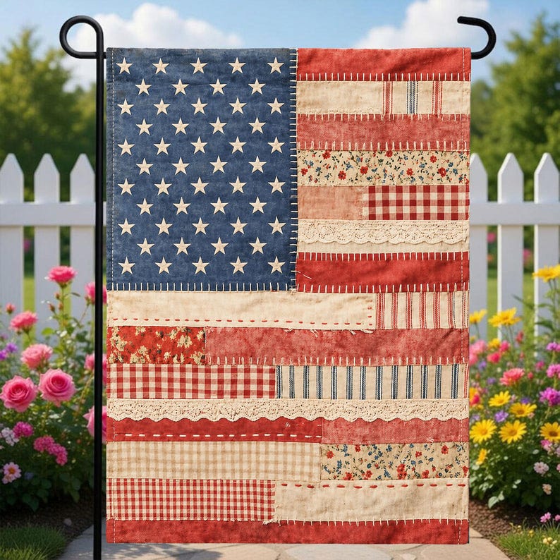 American Faux Patchwork Flag Garden Flag, 4th Of July Flag, Patriotic Floral Porch Decor
