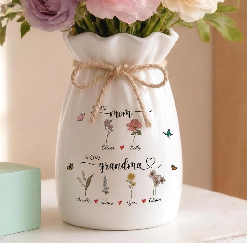 Custom First Mom Now Grandma Ceramic Flower Vase, Birth Month Flower Vase