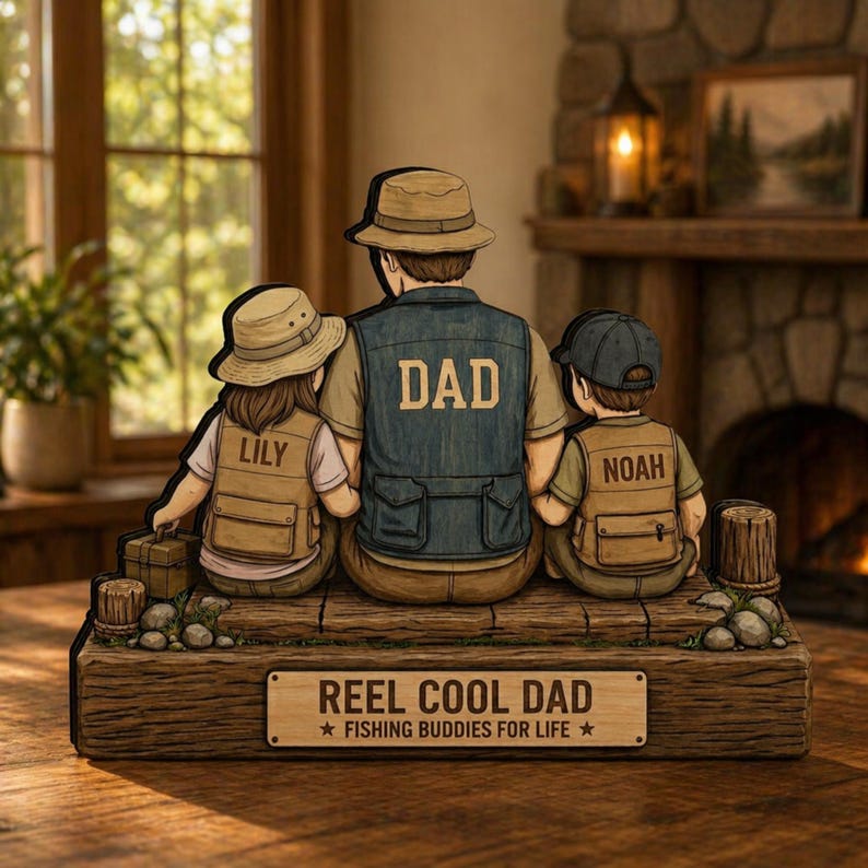 Personalized Fishing Dad Wooden Block, Custom Reel Cool Dad Rustic Keepsake
