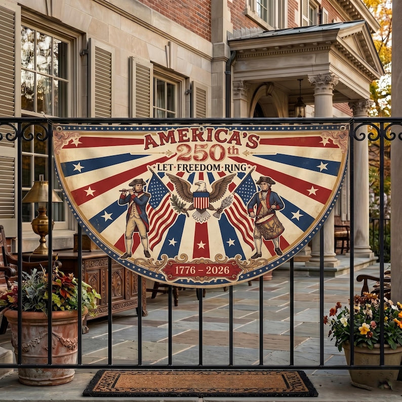 America 250th Anniversary Patriotic Bunting Banner,1776 2026 Let Freedom Semi-Circular Flag