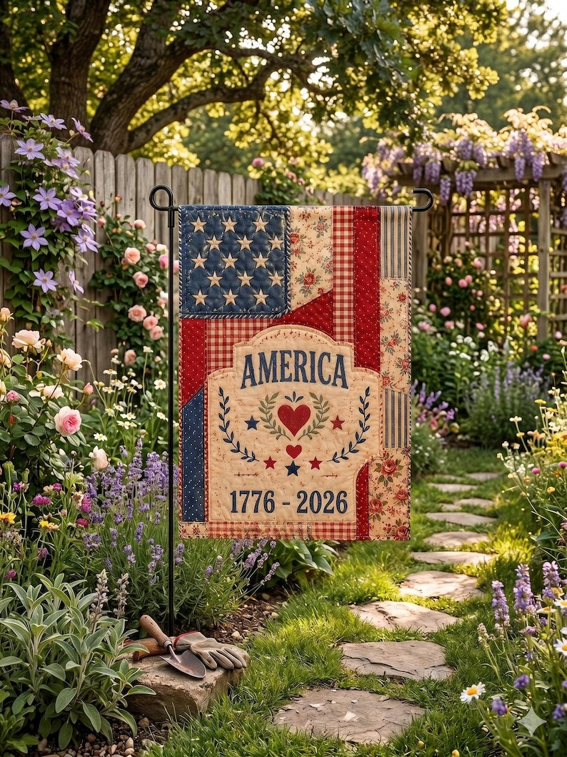 Vintage Faux Patchwork Patriotic Garden Flag 1776-2026, Americana Faux Quilted Style