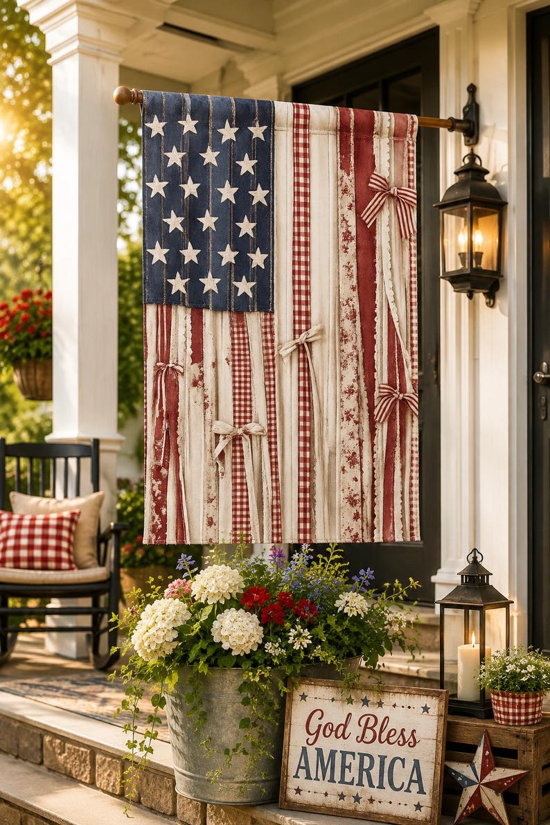 Rustic 2D American Flag Outdoor Flag, Faux Patchwork Patriotic Farmhouse Garden Décor
