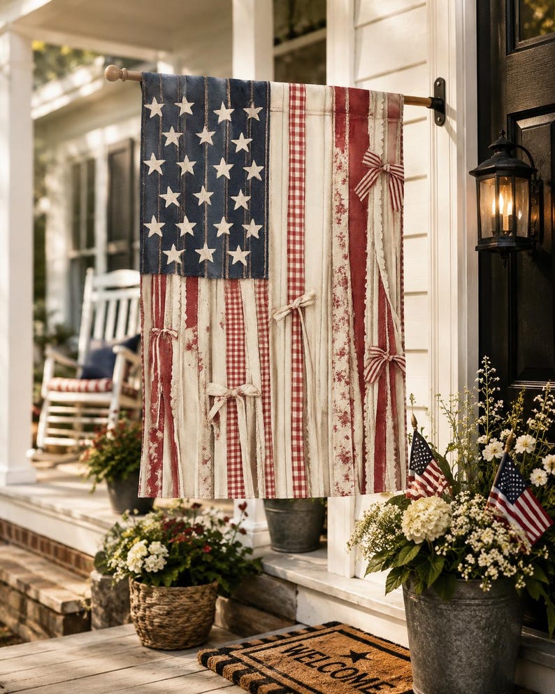 Rustic 2D American Flag Outdoor Flag, Faux Patchwork Patriotic Farmhouse Garden Décor