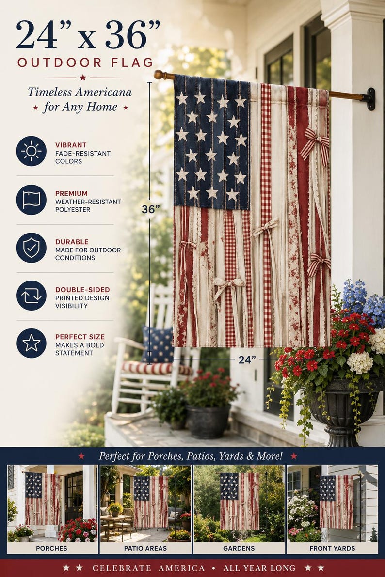 Rustic 2D American Flag Outdoor Flag, Faux Patchwork Patriotic Farmhouse Garden Décor
