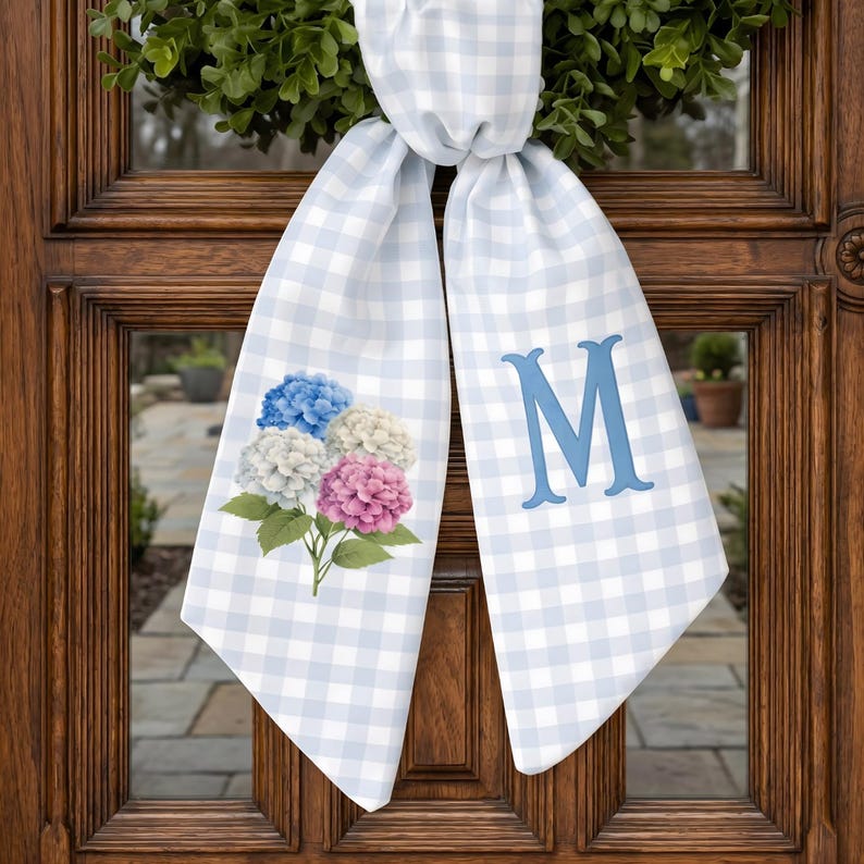 Personalized Blue Gingham Spring Wreath Sash With Hydrangea Monogram Front Door Bow