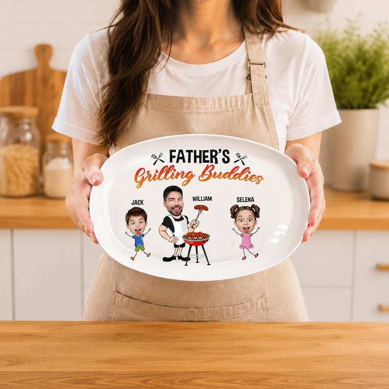 Custom Faces Grilling Platter, Personalised Grandpa BBQ Plate With Kids Photos