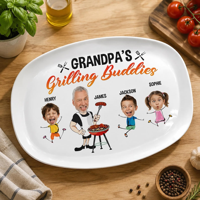 Custom Faces Grilling Platter, Personalised Grandpa BBQ Plate With Kids Photos