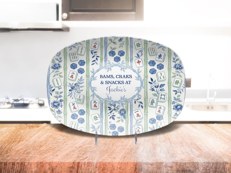 Personalized Mahjong Platter, Bams Craks & Snacks Oval Serving Tray, Blue White Bamboo Game Night