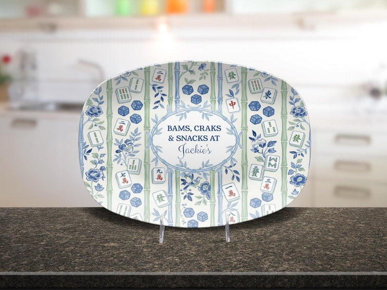 Personalized Mahjong Platter, Bams Craks & Snacks Oval Serving Tray, Blue White Bamboo Game Night