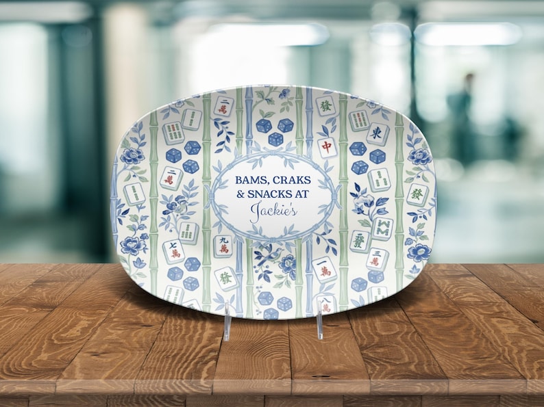 Personalized Mahjong Platter, Bams Craks & Snacks Oval Serving Tray, Blue White Bamboo Game Night