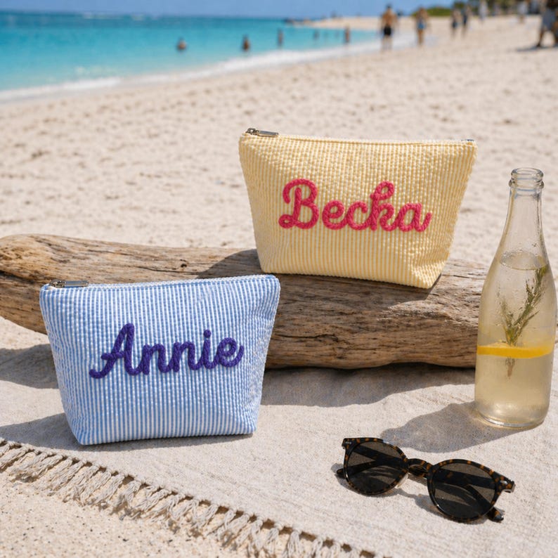 Personalized Seersucker Cosmetic Bag, Embroidered Monogram Pouch