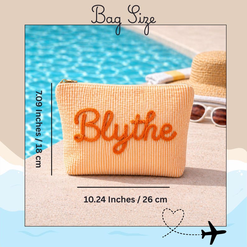 Personalized Seersucker Cosmetic Bag, Embroidered Monogram Pouch