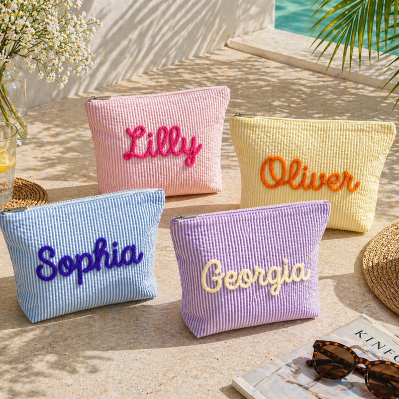 Personalized Seersucker Cosmetic Bag, Embroidered Monogram Pouch