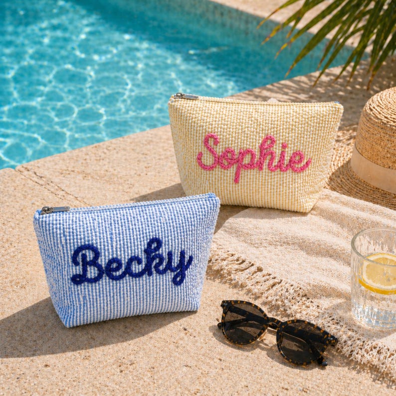 Personalized Seersucker Cosmetic Bag, Embroidered Monogram Pouch