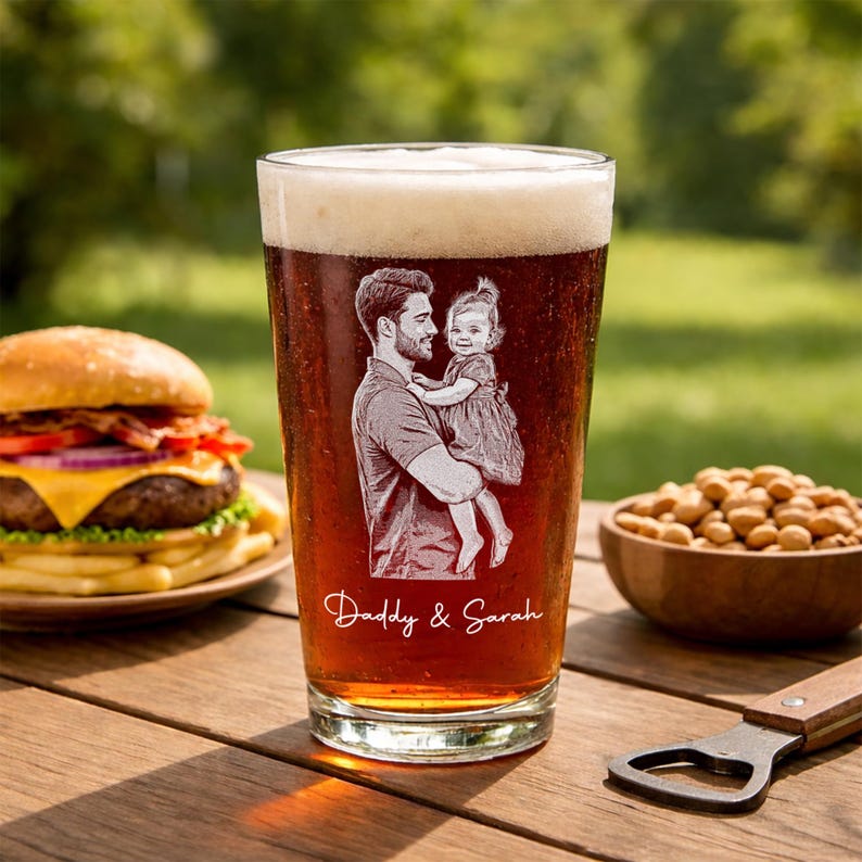 Custom Father's Day Gift for Dad, Dad Photo with Kids Portrait Beer Glass