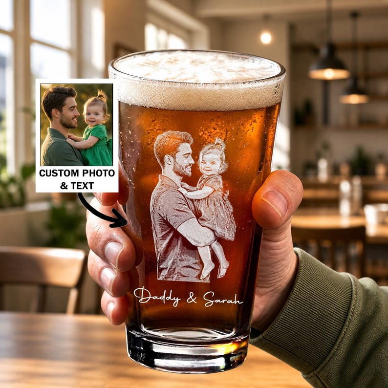 Custom Father's Day Gift for Dad, Dad Photo with Kids Portrait Beer Glass