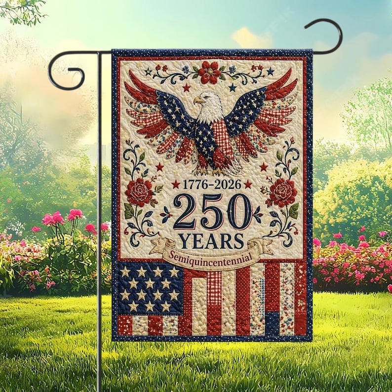 USA 250 Years Faux Patchwork Garden Flag, American Eagle Patriotic Yard Banner 1776 2026