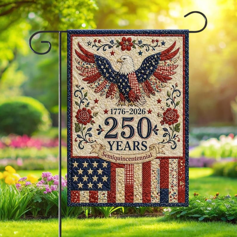 USA 250 Years Faux Patchwork Garden Flag, American Eagle Patriotic Yard Banner 1776 2026