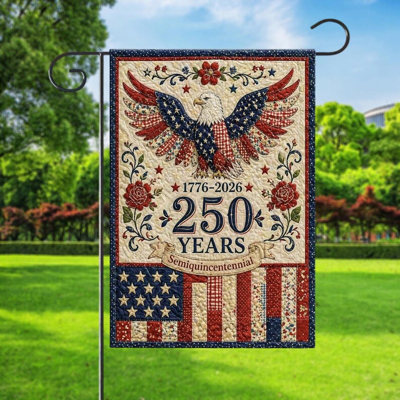 USA 250 Years Faux Patchwork Garden Flag, American Eagle Patriotic Yard Banner 1776 2026
