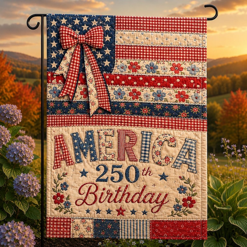 PRINT Patchwork America 250th Birthday Garden Flag, Patriotic USA Yard Flag