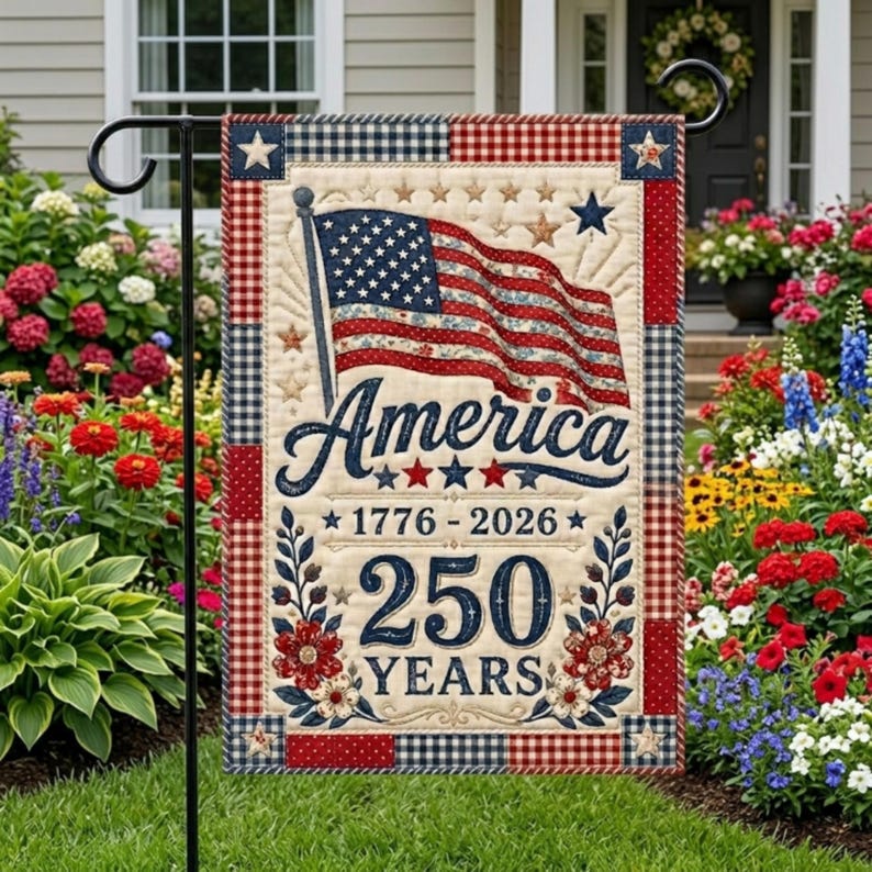 Faux Red White Blue Patchwork 250th Anniversary America Garden Flag, 1776-2026 Independence