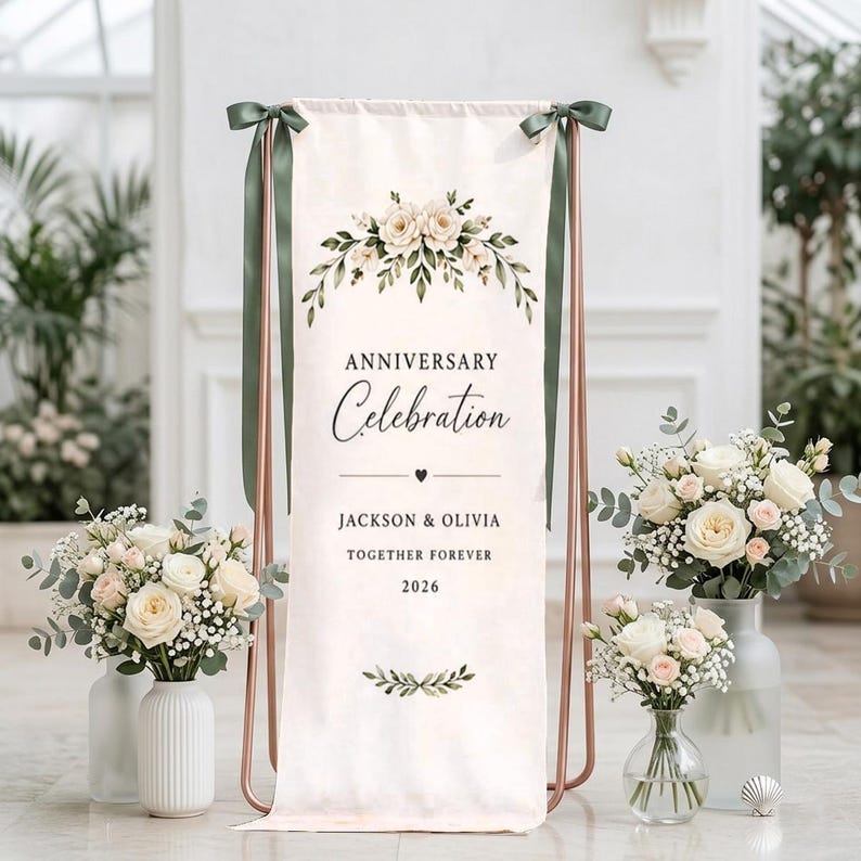 Personalized Anniversary Celebration Banner, Floral Wedding Anniversary Sign