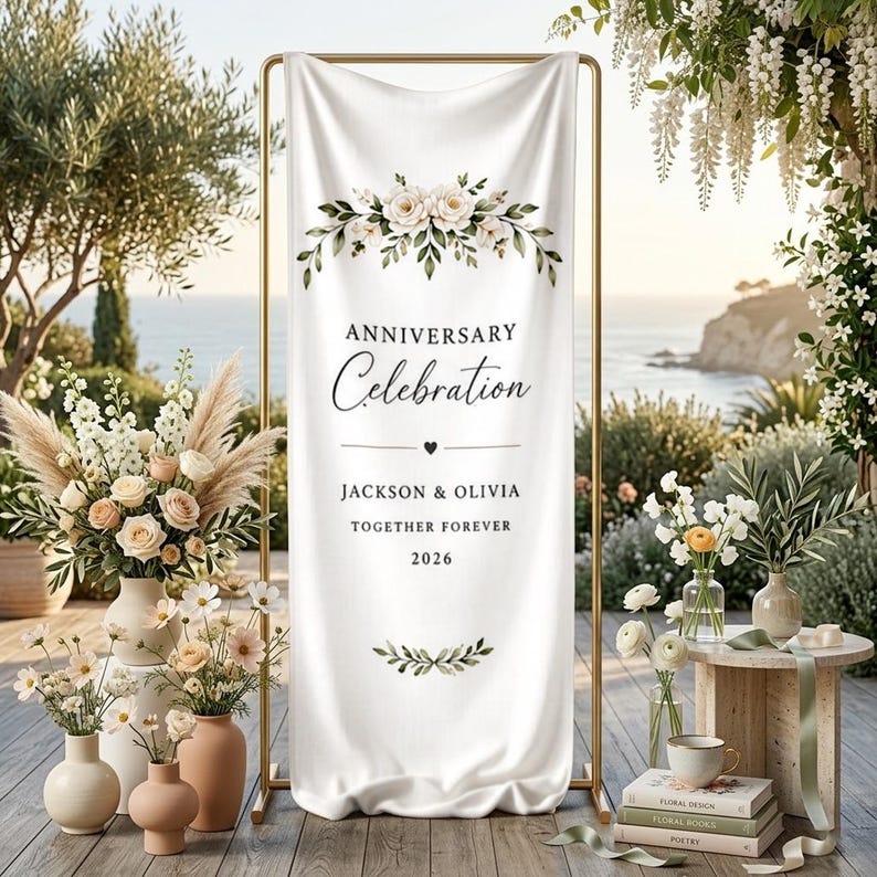 Personalized Anniversary Celebration Banner, Floral Wedding Anniversary Sign