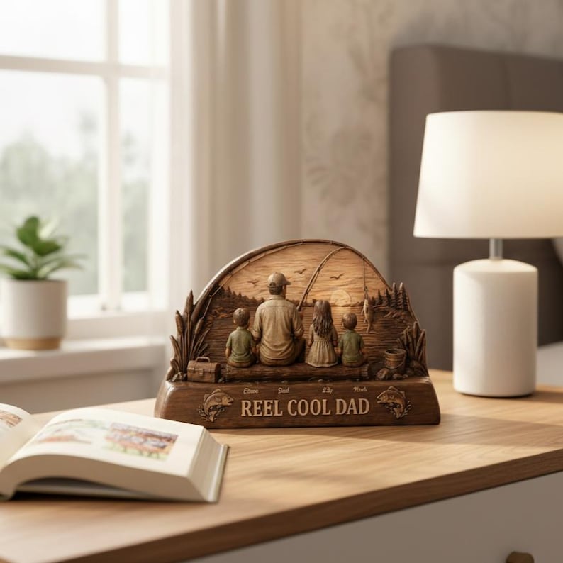 Personalized Reel Cool Dad Fishing Lover Wooden Sculpture Custom 2D Flat Kid Name Father's Day