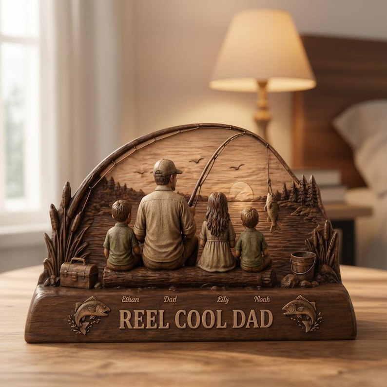 Personalized Reel Cool Dad Fishing Lover Wooden Sculpture Custom 2D Flat Kid Name Father's Day