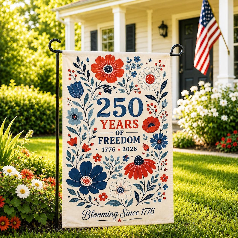 250 Years of Freedom Garden Flag, Patriotic Floral Flag, Wildflowers America Outdoor Decor