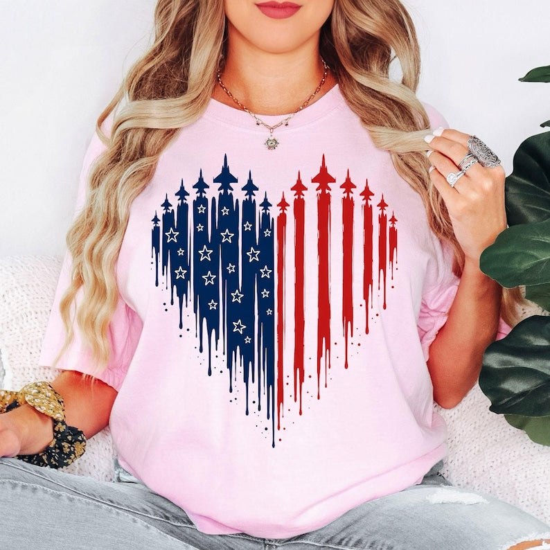 4th Of July Shirt For Women, American Flag Heart Tee, USA Freedom Graphic T Shirt