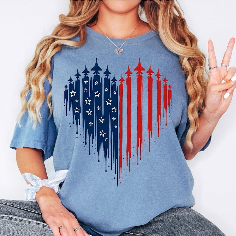 4th Of July Shirt For Women, American Flag Heart Tee, USA Freedom Graphic T Shirt