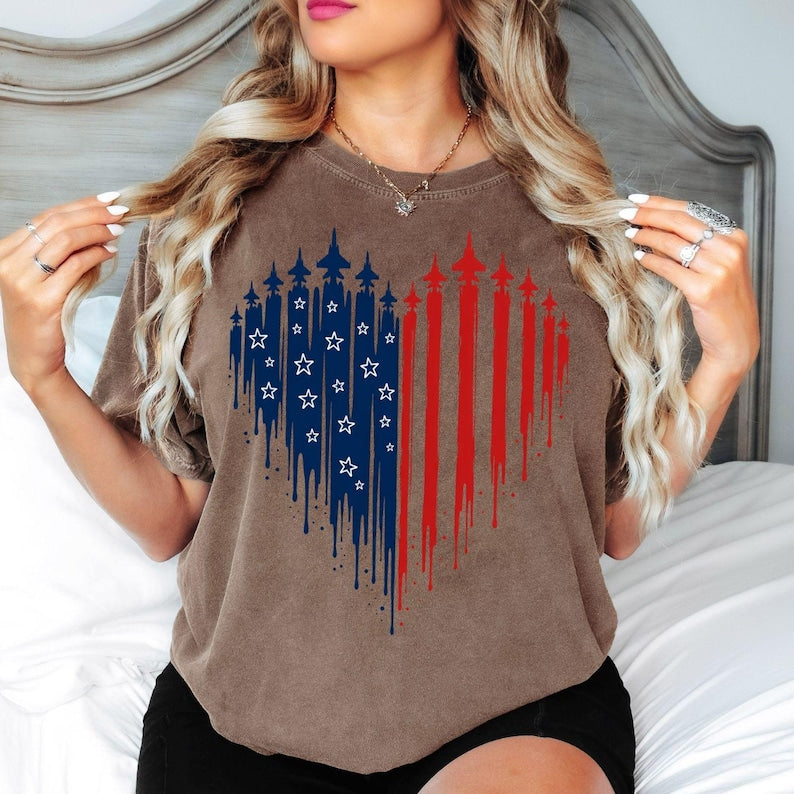 4th Of July Shirt For Women, American Flag Heart Tee, USA Freedom Graphic T Shirt