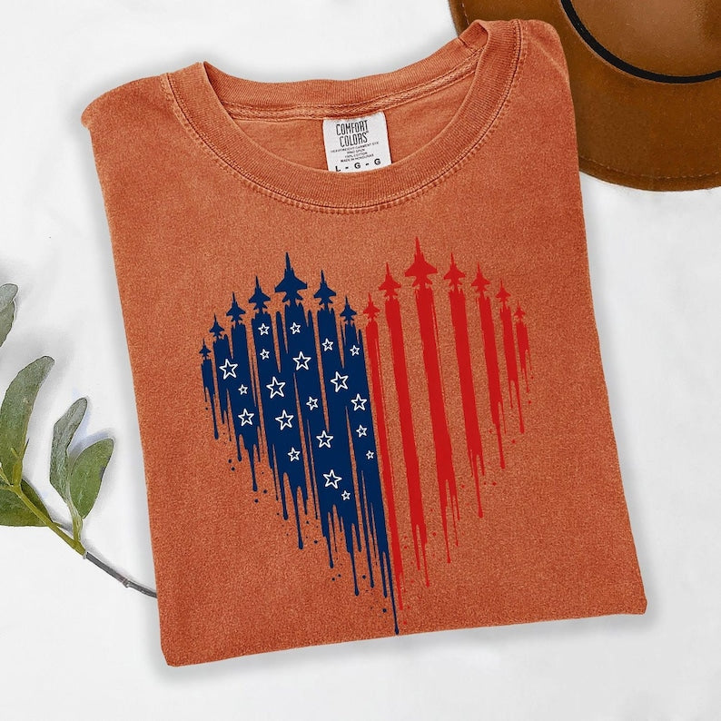 4th Of July Shirt For Women, American Flag Heart Tee, USA Freedom Graphic T Shirt