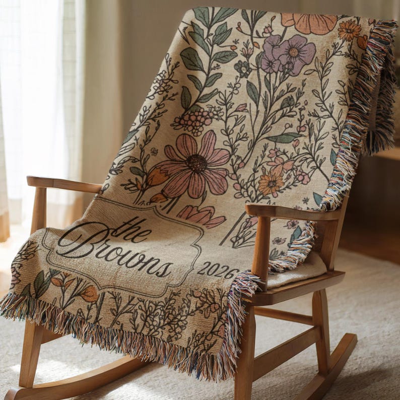 Custom Wedding Woven Blanket, Last Name Floral Throw, Personalized Woven Throw Blanket For Couples