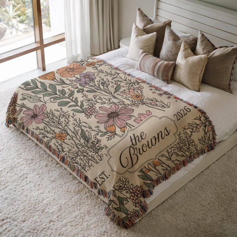 Custom Wedding Woven Blanket, Last Name Floral Throw, Personalized Woven Throw Blanket For Couples