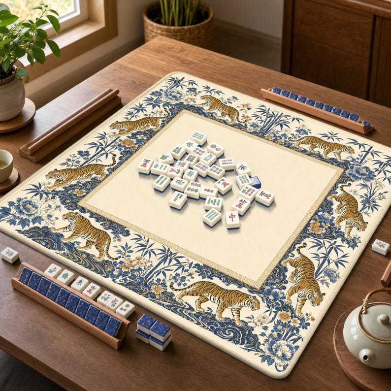 Tiger & Peony Mahjong Mat, Blue and Gold Chinoiserie Game Mat with Non-Slip Base