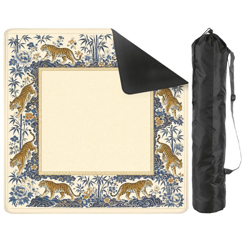 Tiger & Peony Mahjong Mat, Blue and Gold Chinoiserie Game Mat with Non-Slip Base