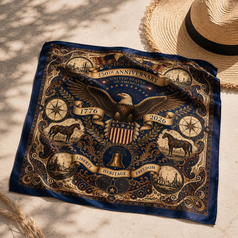 Navy Blue & Golden Scarf, Vintage America 250 Anniversary Eagle Bandana