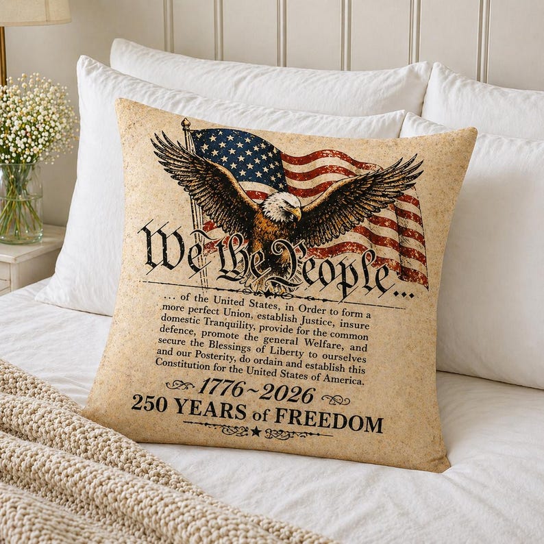 Vintage We The People Throw Pillow, American Flag with Bald Eagle Throw Pillow Cover