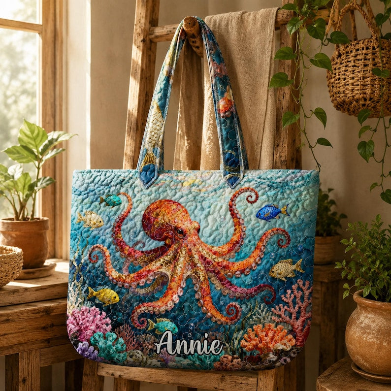 Custom Name Octopus Quilted Tote Bag, Personalized Octopus Beach Handbag, Ocean Octopus Lover Bag Gift