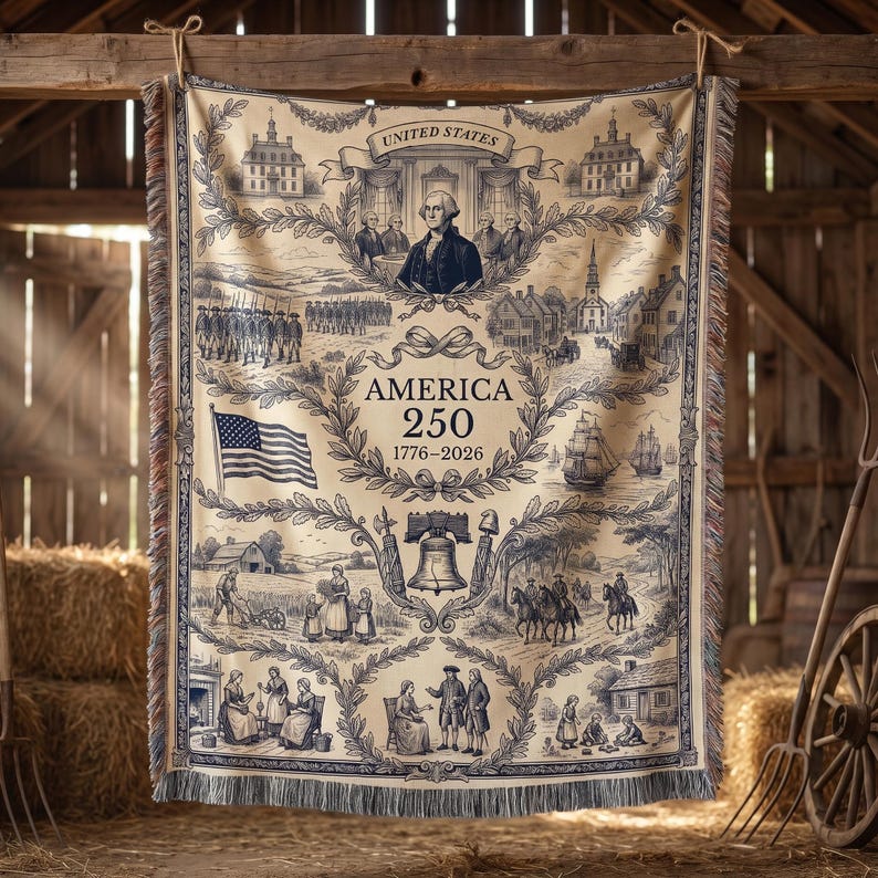 America 250 Woven Blanket, Colonial Toile Patriotic Throw, USA Semiquincentennial Decor