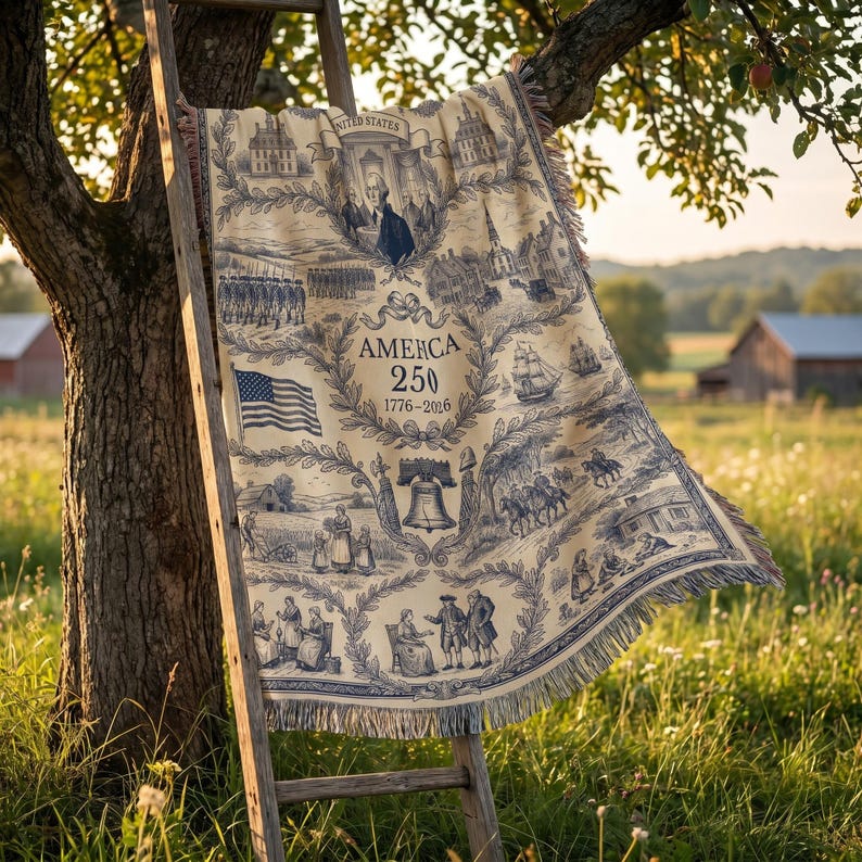 America 250 Woven Blanket, Colonial Toile Patriotic Throw, USA Semiquincentennial Decor